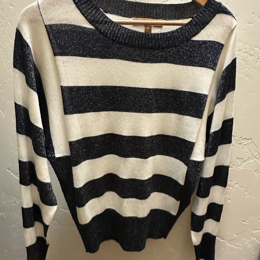 Ellen Tracy Striped Metallic Dark Navy and Cream Sweater